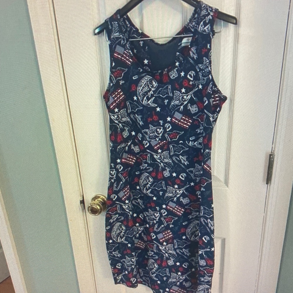 Navy Blue Sleeveless Dress with Red and White Accents